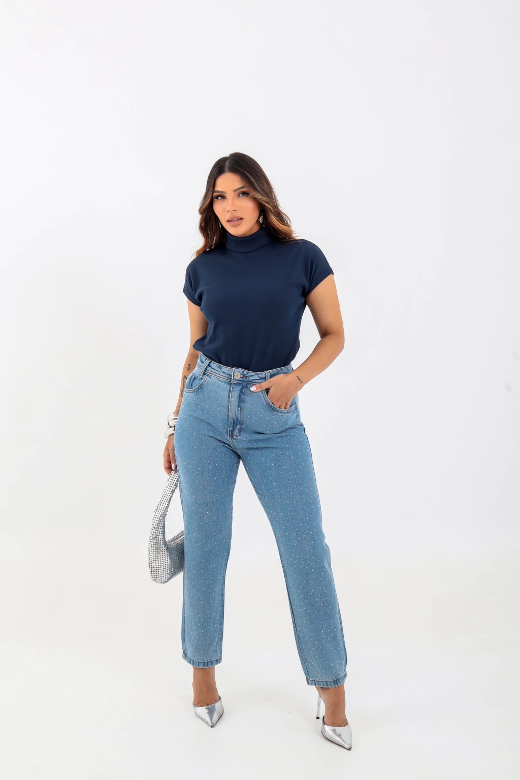 Blusa Canelada, Gola Alta, Manga Curta - BellaCECÍLIA