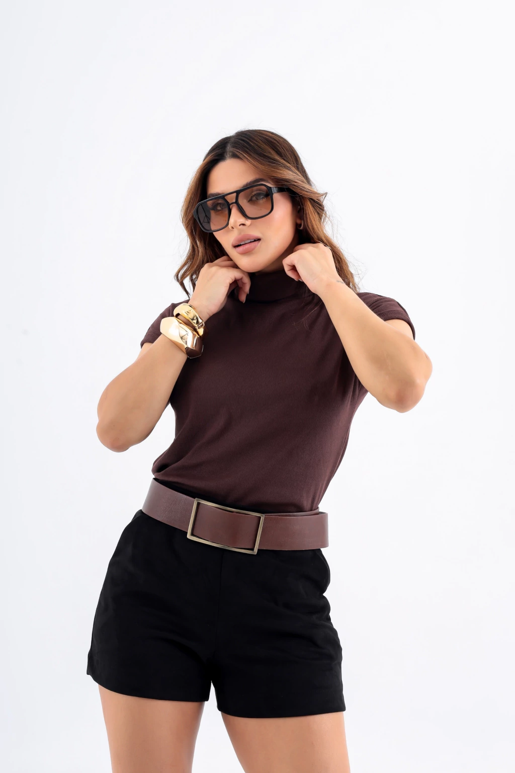 Blusa Canelada, Gola Alta, Manga Curta - BellaCECÍLIA