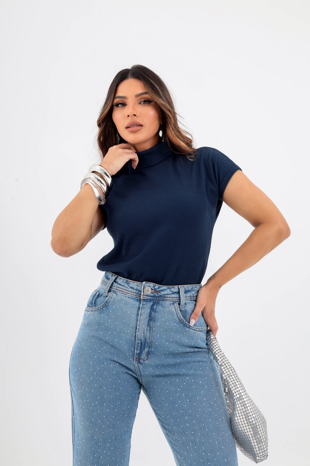 Blusa Canelada, Gola Alta, Manga Curta - BellaCECÍLIA