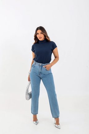 Blusa Canelada, Gola Alta, Manga Curta - BellaCECÍLIA